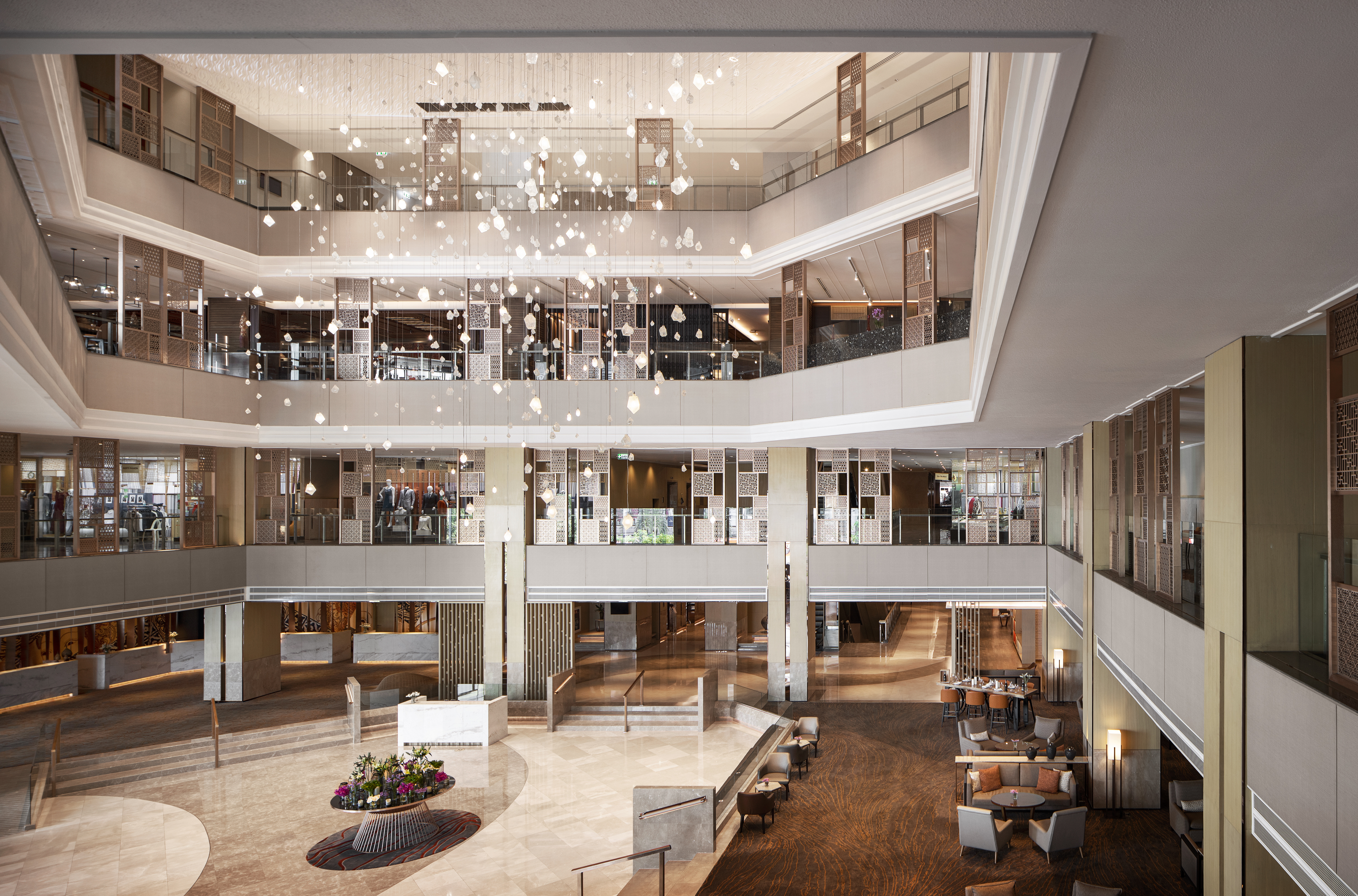 Atrium lobby with hanging light installation