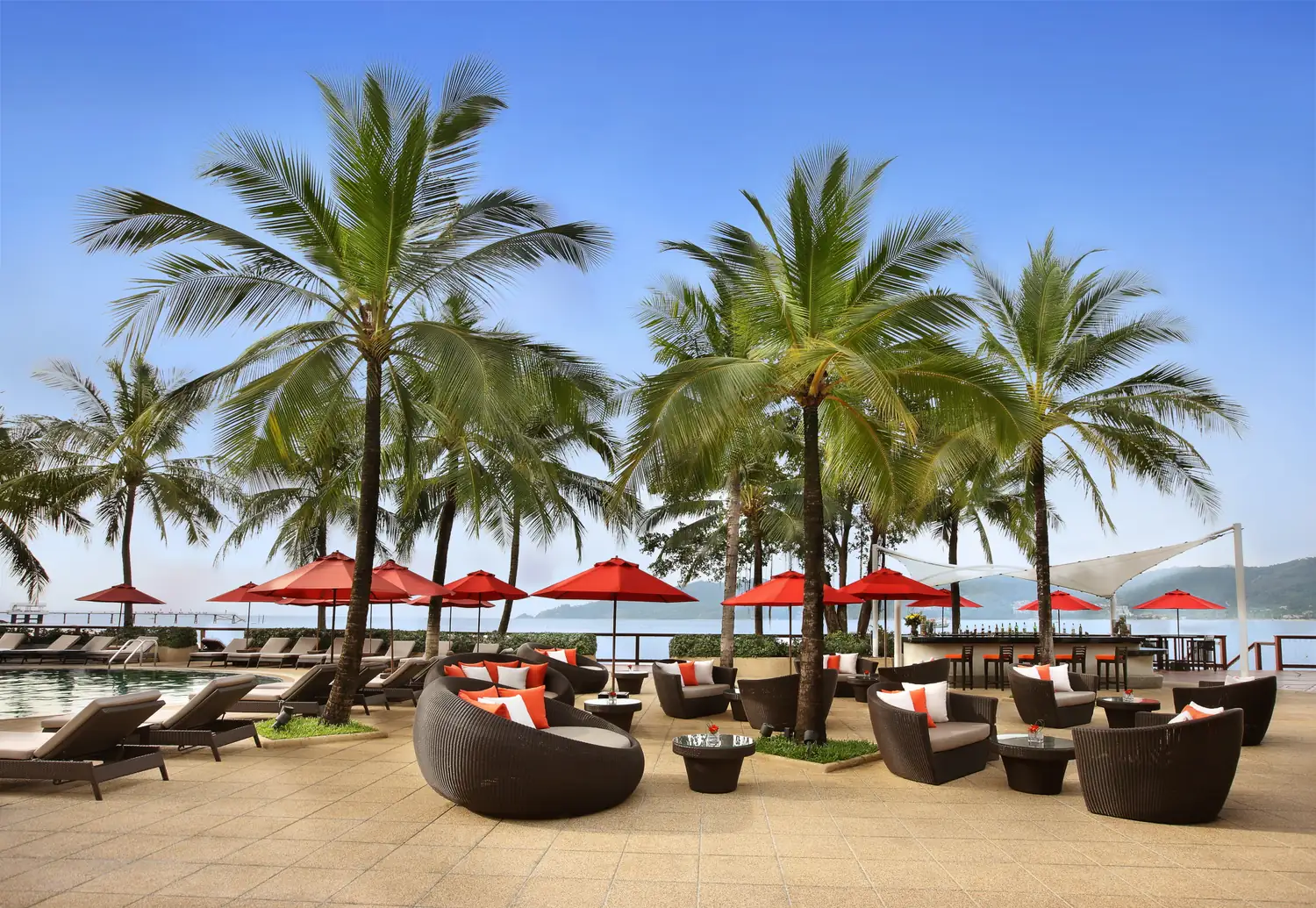 Poolside loungers and beach bar beneath the palms