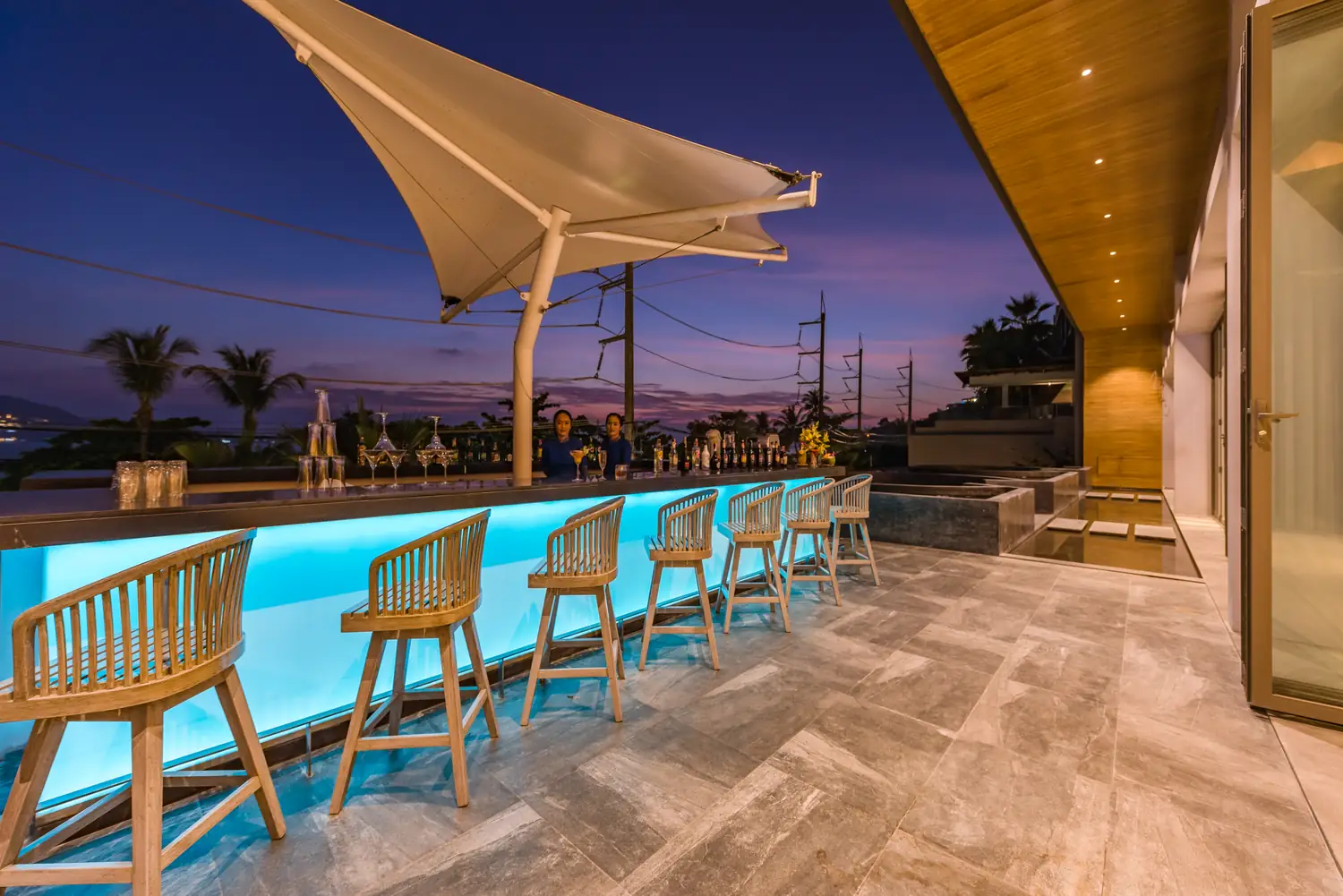 Pool area illuminated at night