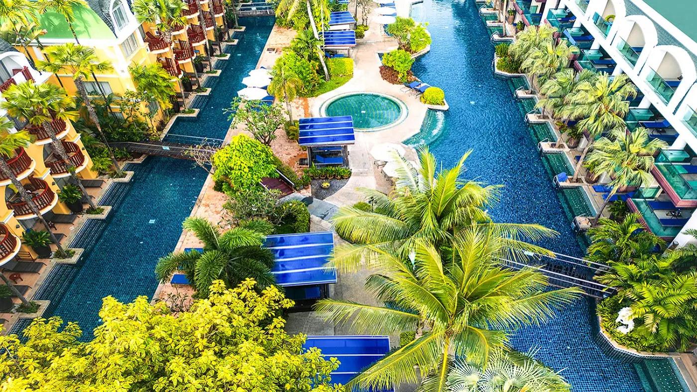 Lagoon pool winding between the guest wings