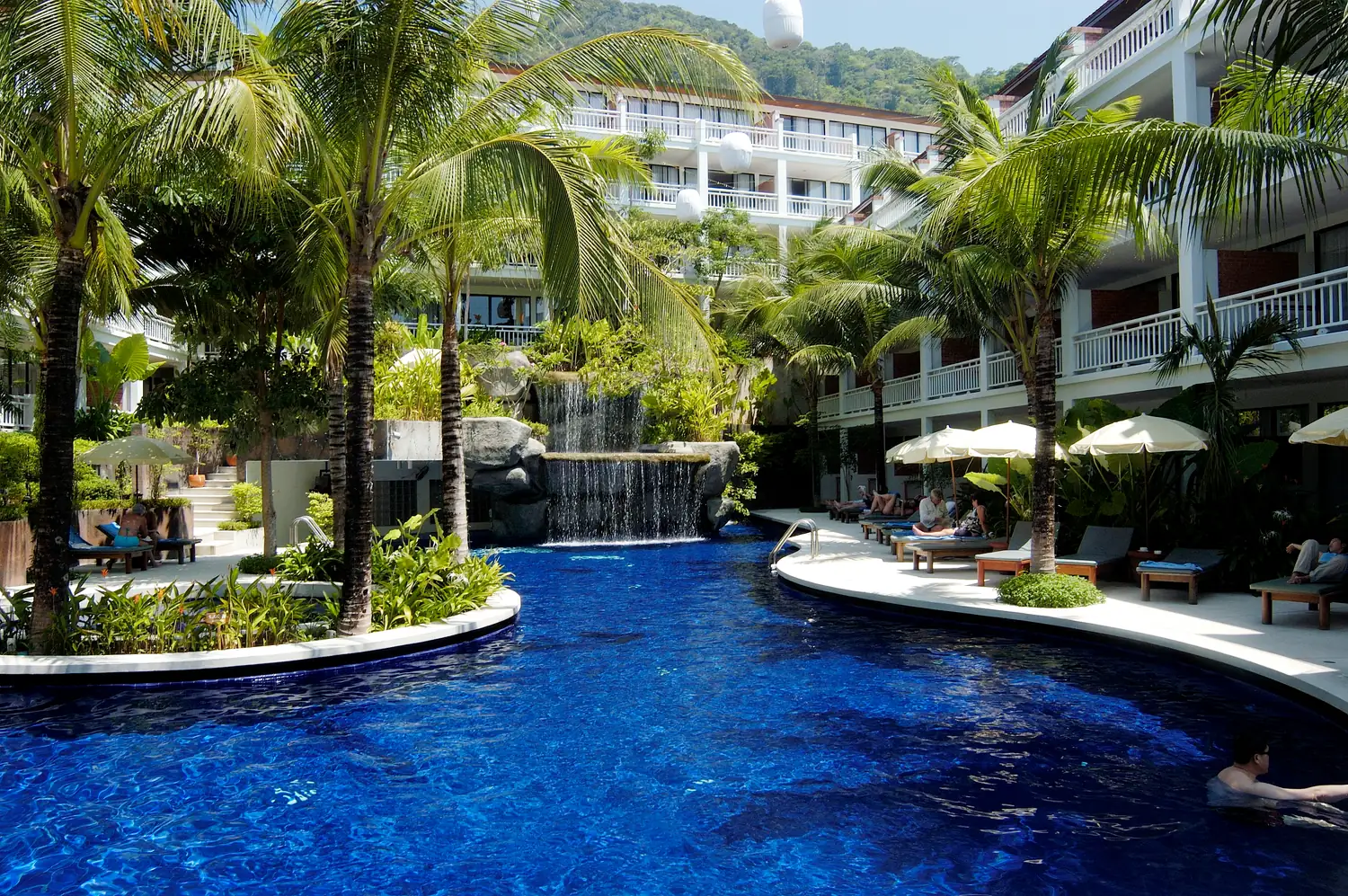 Lagoon pool and waterfall at Sunset Beach Resort
