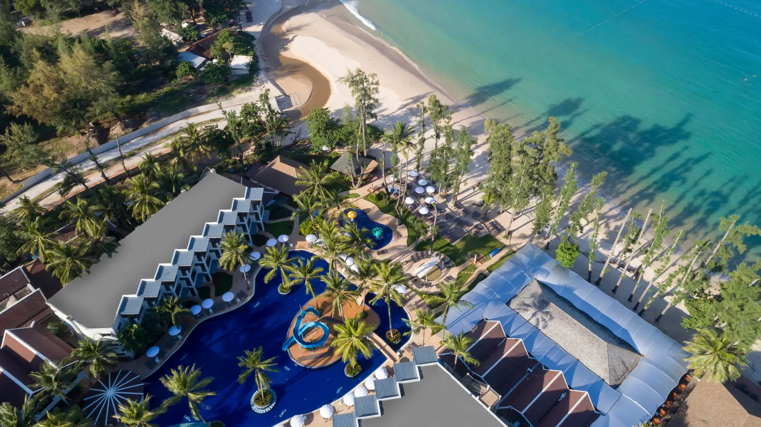 Pools and resort wings from above